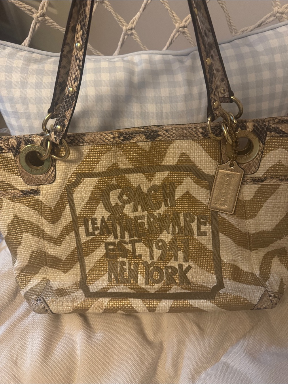 Vintage Coach Gold and Beige Zebra-Print Tote with Snake Handles